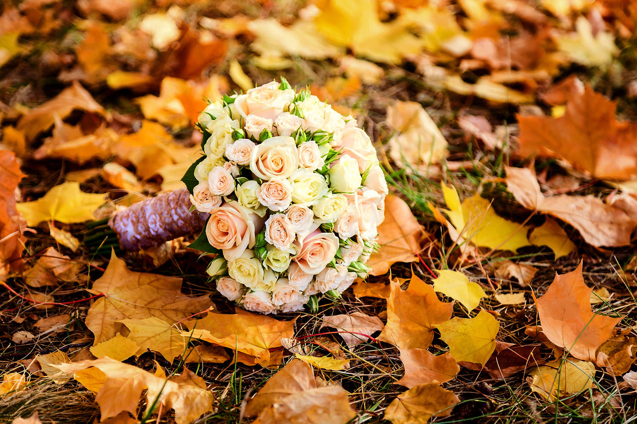 bride's bouquet of mini roses in autumn part of October weddings ideas