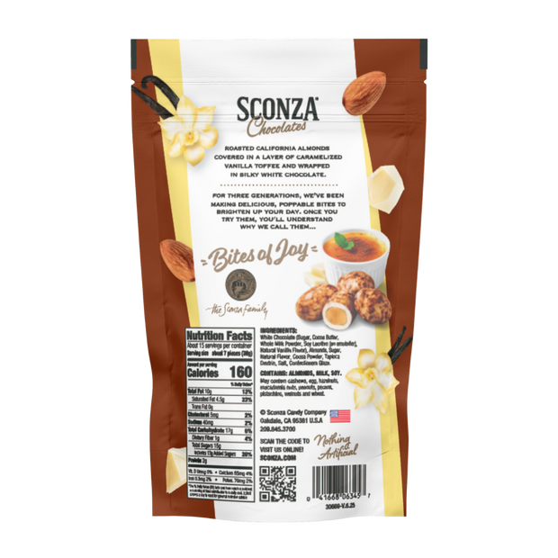 Sconza Chocolates packaging with product description and branding on a white background