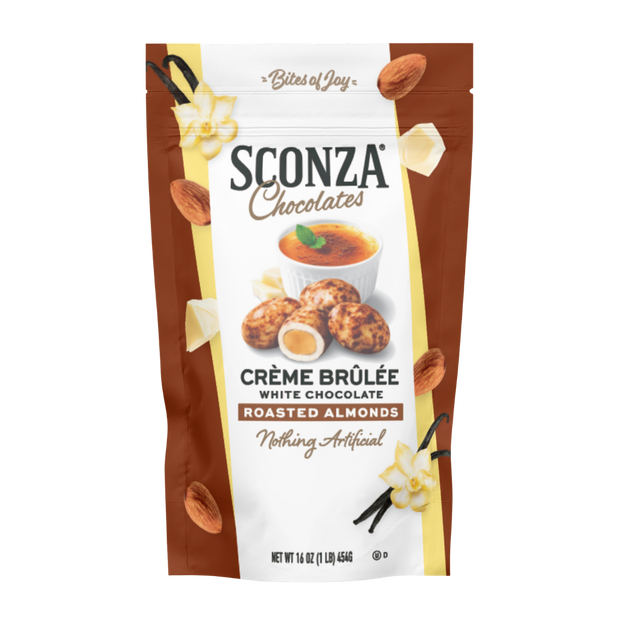 Sconza Chocolates Crème Brulée White Chocolate Roasted Almonds packaging on a white background