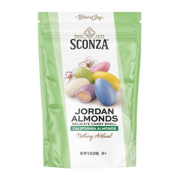 Sconza Jordan Almonds packaging with colorful almonds on a white background
