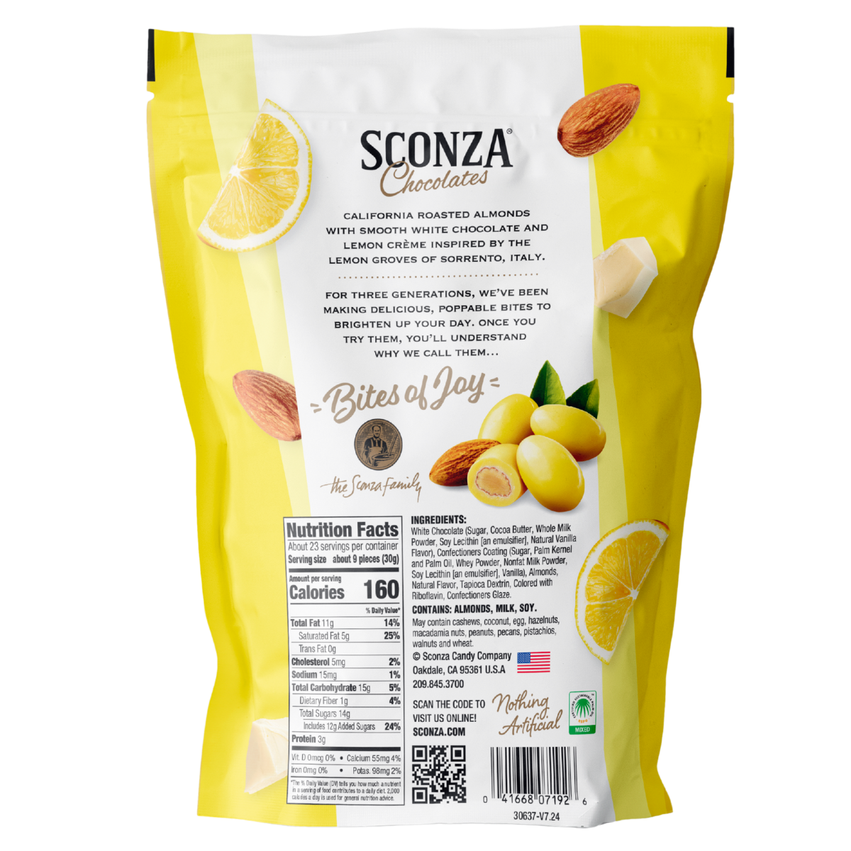 Sconza Chocolates packaging with lemon and almond design on a white background