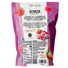 Sconza Confections 'Bites of Joy' packaging with berry illustrations on a white background. Back of package
