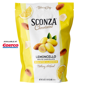 Sconza Chocolates Lemoncello White Chocolate Roasted Almonds packaging with Costco logo.