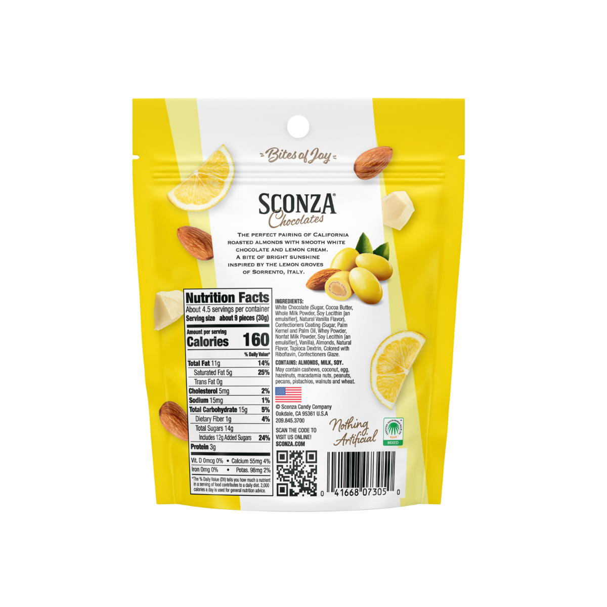 Sconza Chocolate lemon almond package with nutritional information on a white background