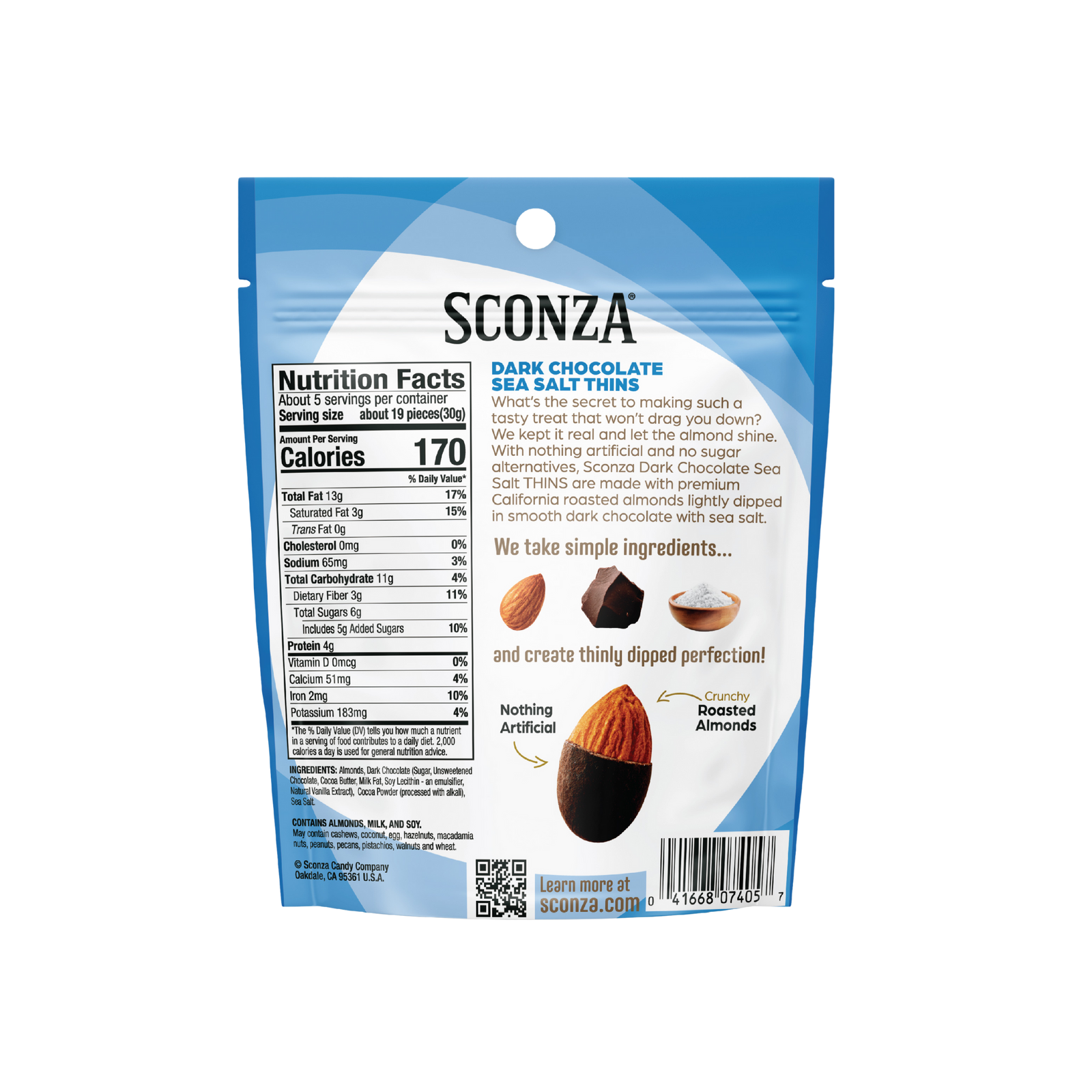 Sconza Dark Chocolate Sea Salt Thins packaging with nutrition facts and ingredients listed.