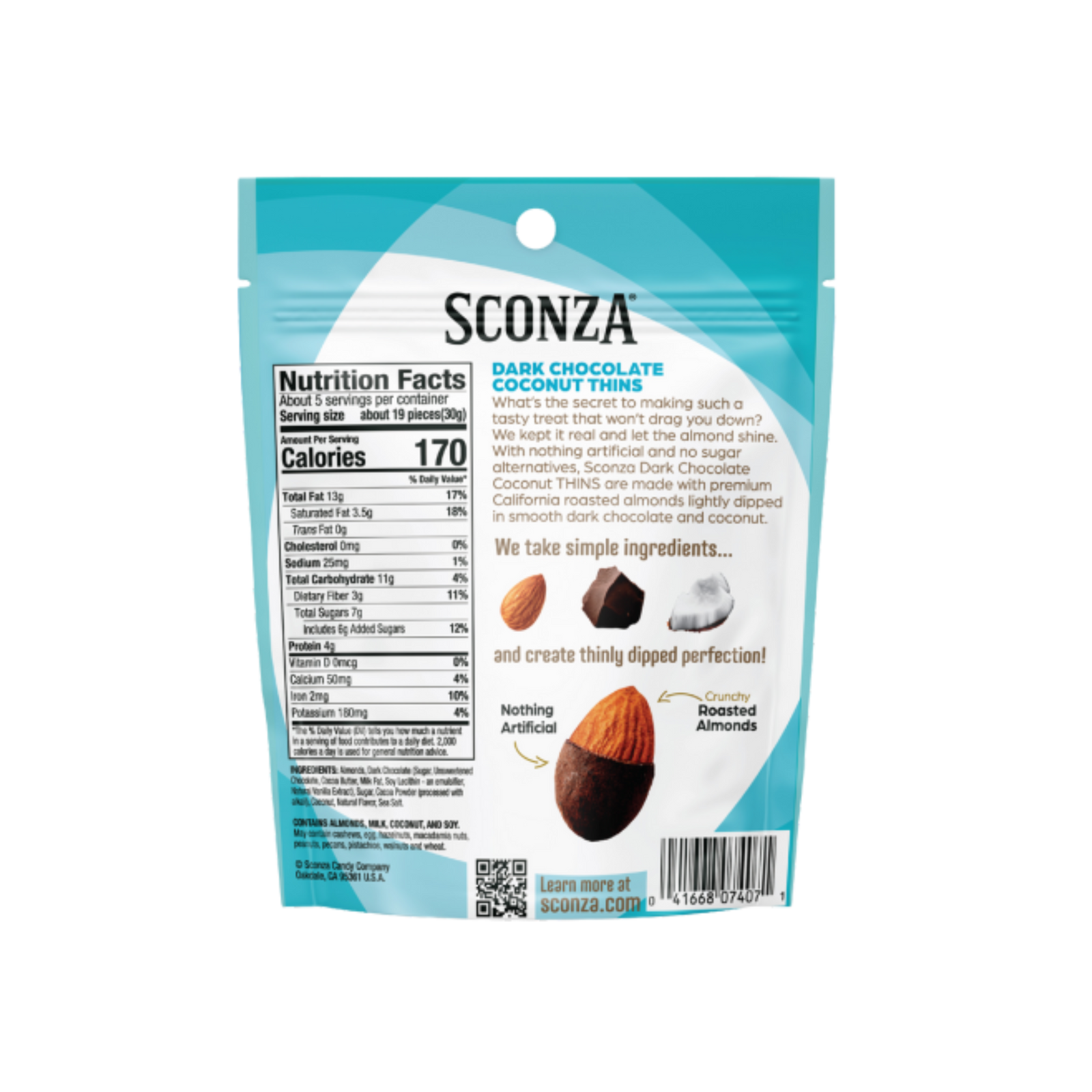 Sconza Dark Chocolate Coconut Thins packaging with nutrition facts on a white background