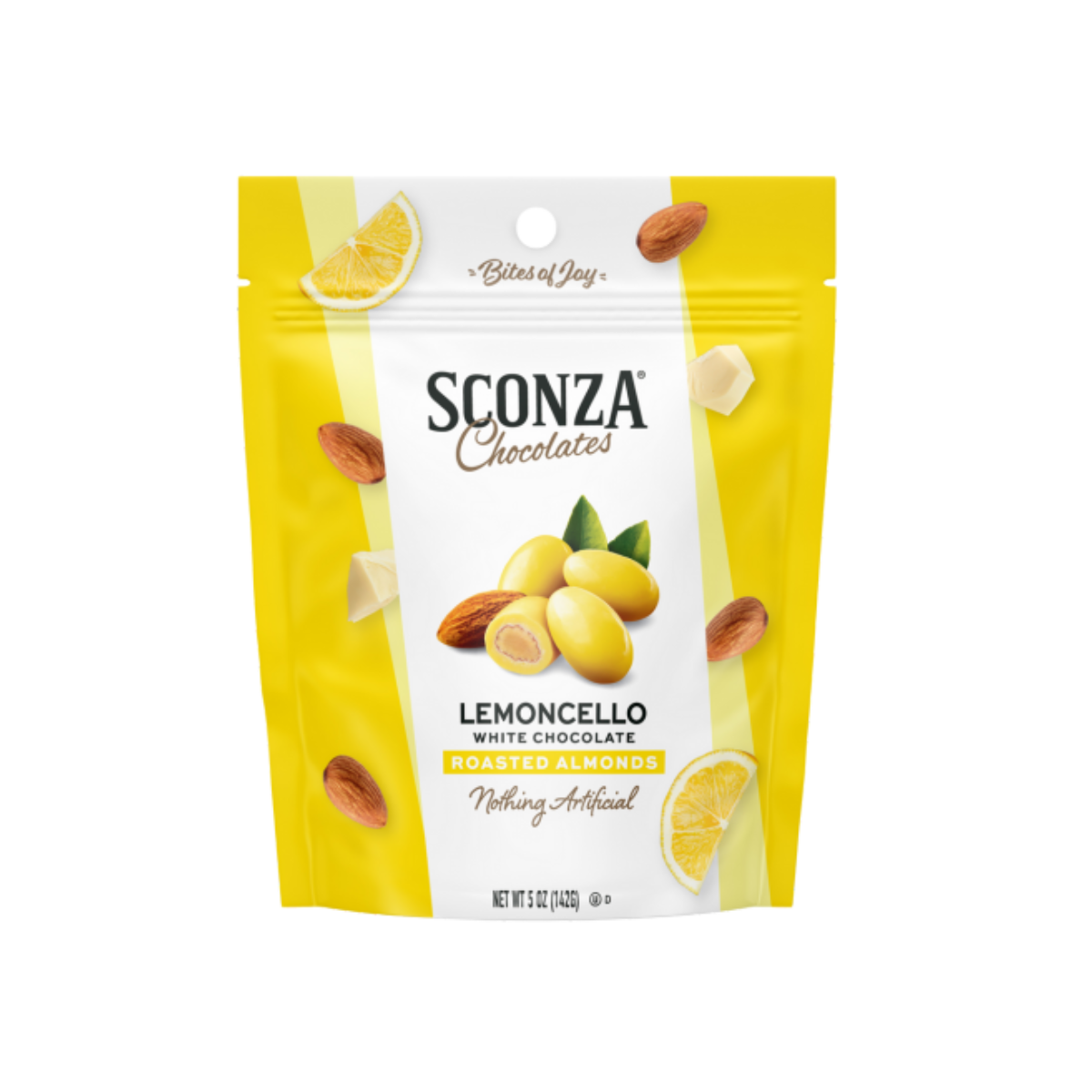 Sconza Chocolates Lemoncello White Chocolate Roasted Almonds packaging on a white background