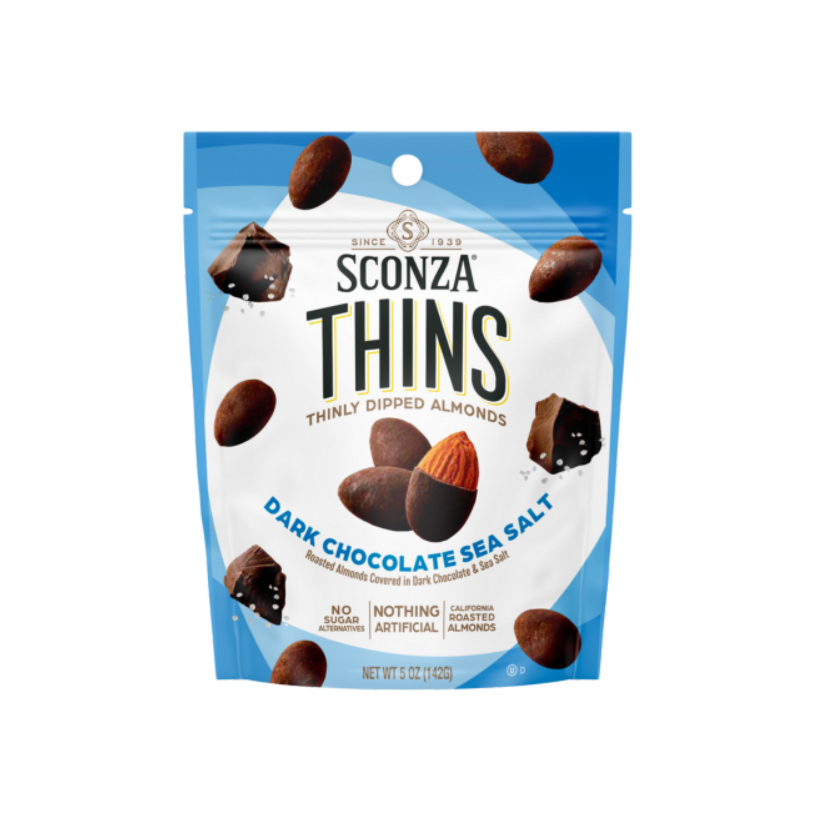 Packaging of Sconza Thins Dark Chocolate Sea Salt almonds on a white background