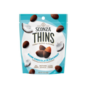 Packaging of Sconza Thins Dark Chocolate Coconut Almonds on a white background