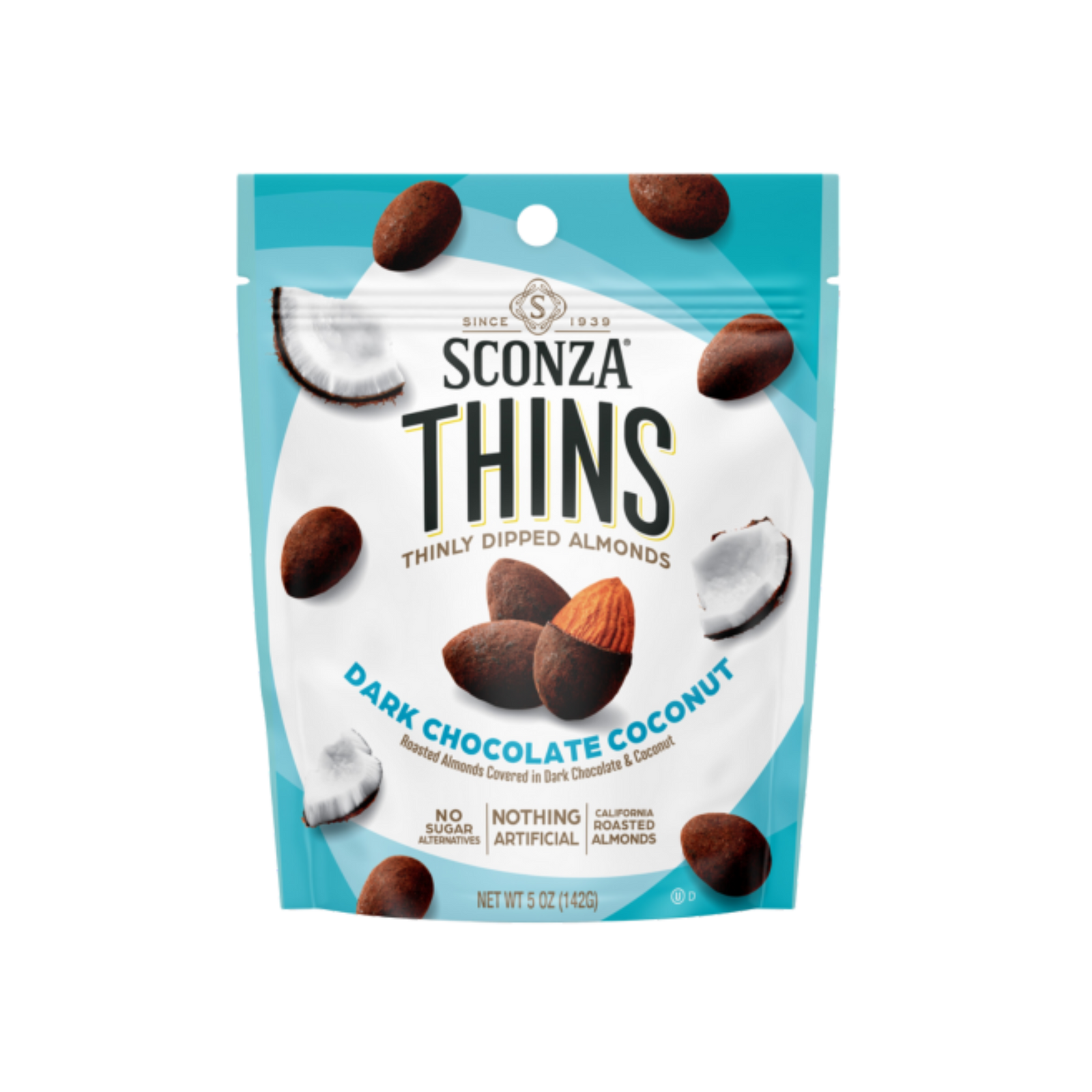 Packaging of Sconza Thins Dark Chocolate Coconut Almonds on a white background