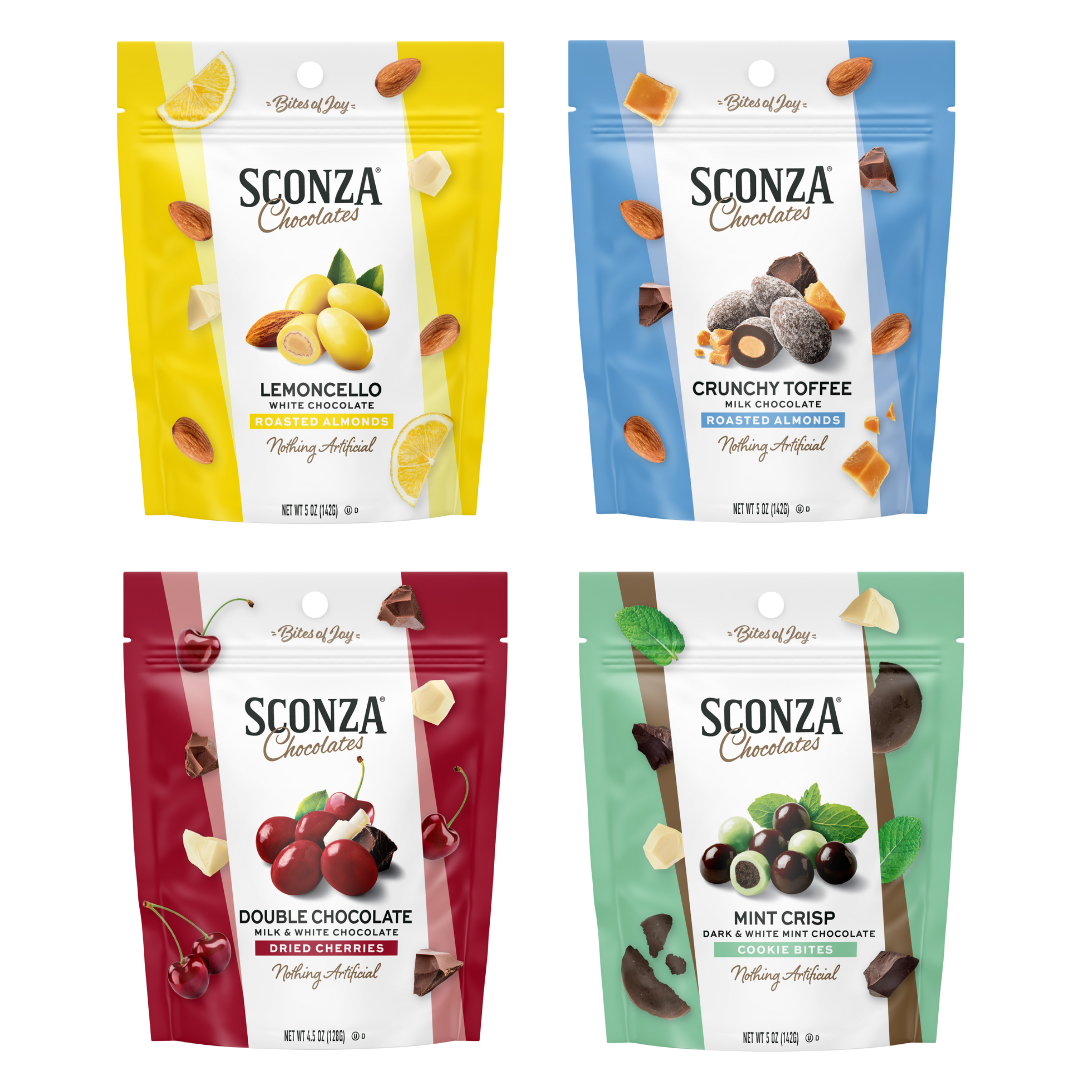 A set of four Sconza brand chocolate covered almonds gift boxes, with different flavors represented in different colors. Lemoncello ALlmonds, Crunchy Toffee Almonds, Double Chocolate Dried Cherries, and Mint Crisp Cookie Bites. 