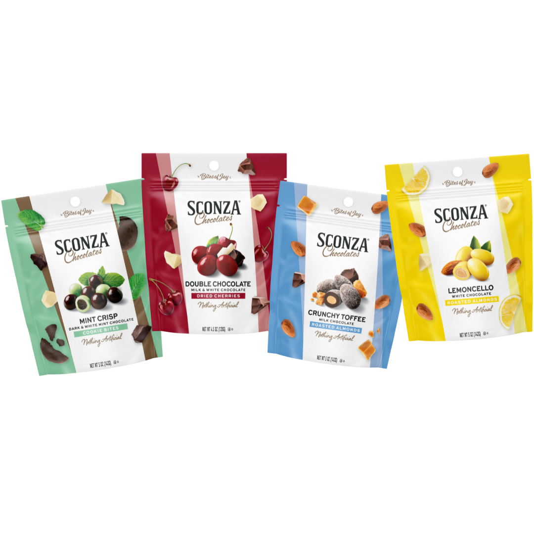 Four different Sconza Chocolates products. Mint Crisp Cookie Bites, Double Chocolate Dried Cherries, Crunchy Toffee Roasted Almonds, and Lemoncello Almonds. 