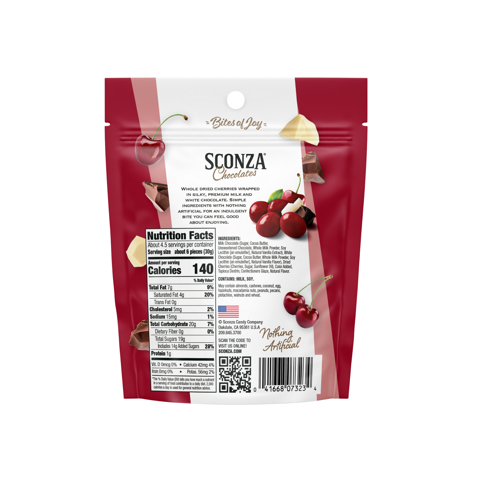 Sconza Chocolates packaging with cherries and nutrition facts on a white background