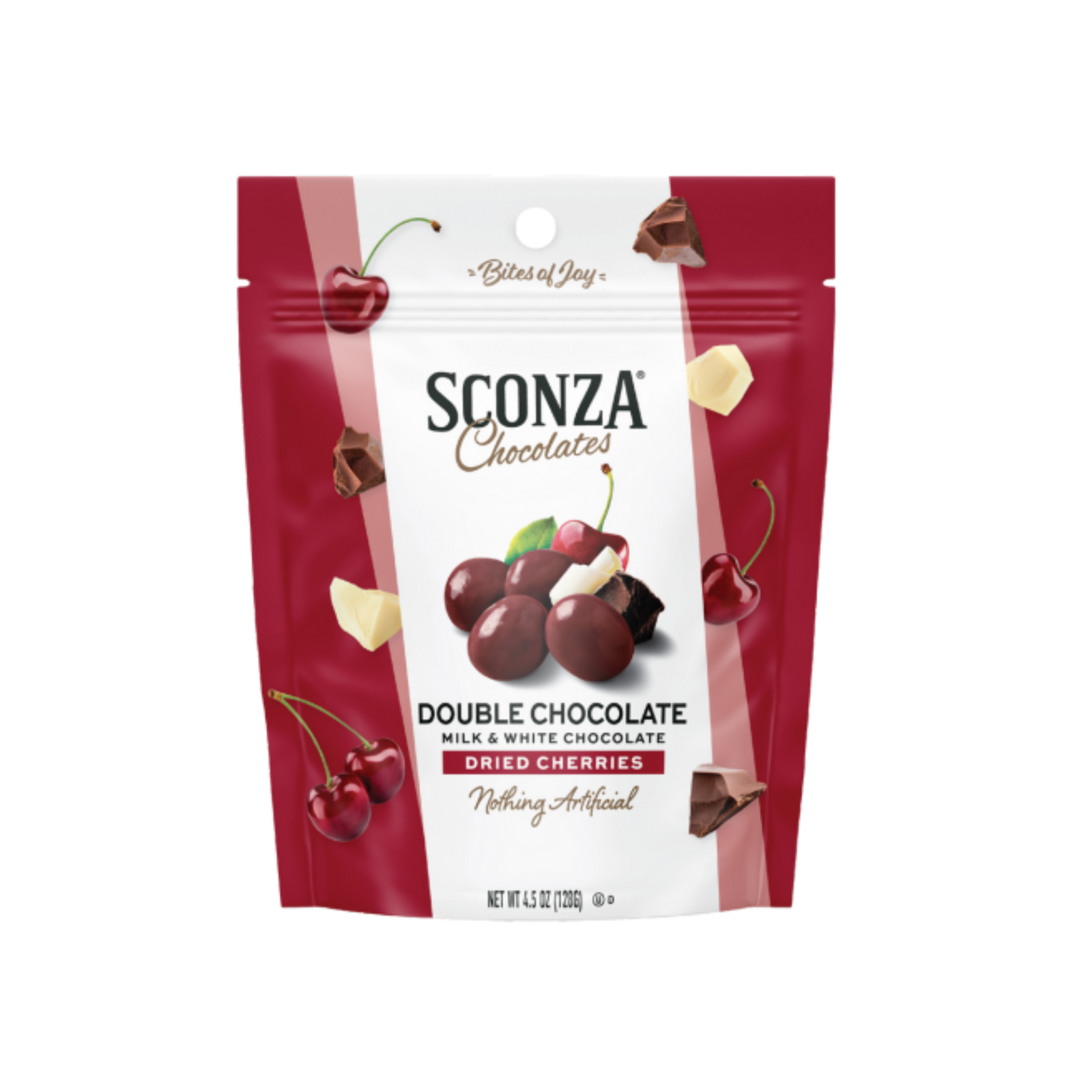 Sconza Chocolates Double Chocolate Dried Cherries packaging on a white background