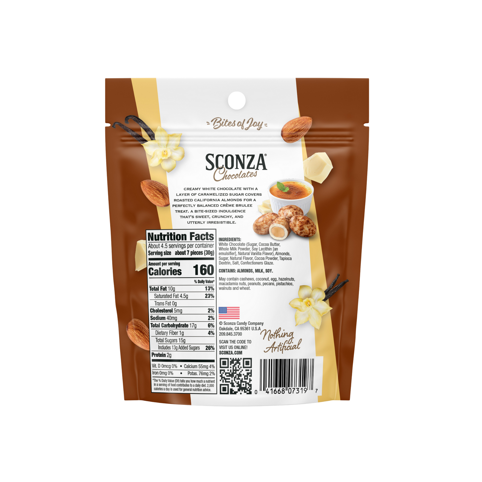 Sconza Chocolates packaging with nutrition facts and ingredients on a white background