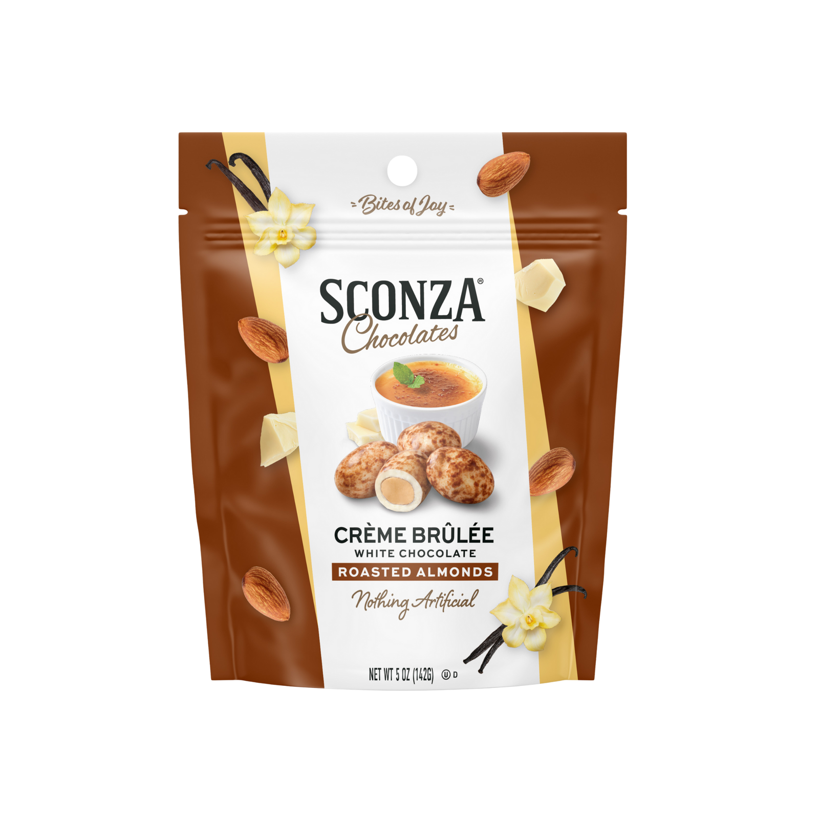 Sconza Chocolates Creme Brulée Roasted Almonds packaging on a white background