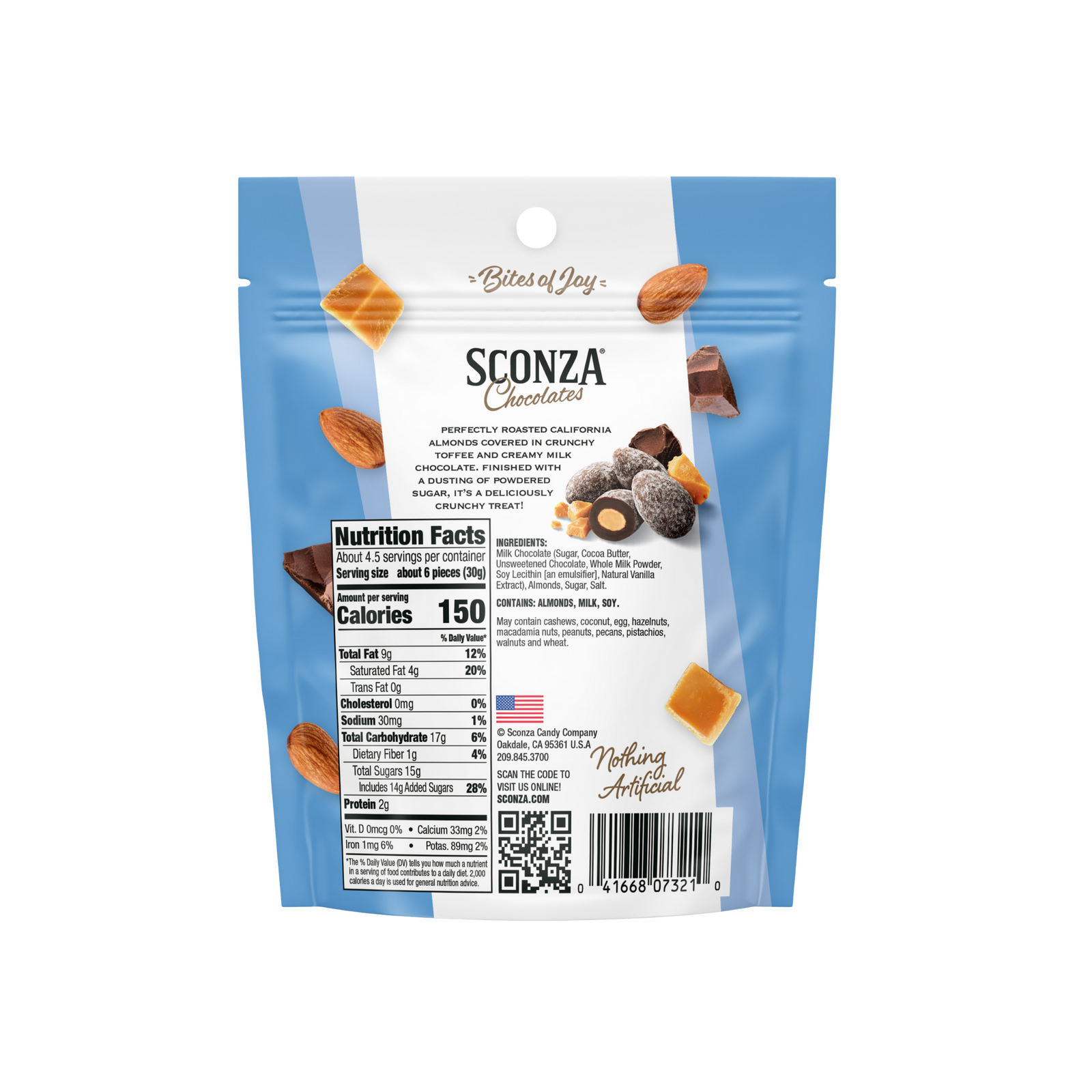 Sconza Chocolates packaging with product images and nutritional information on a white background