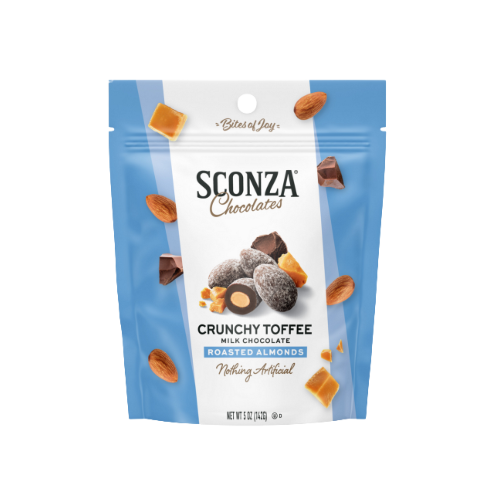 Sconza Chocolates Crunchy Toffee Roasted Almonds packaging on a white background