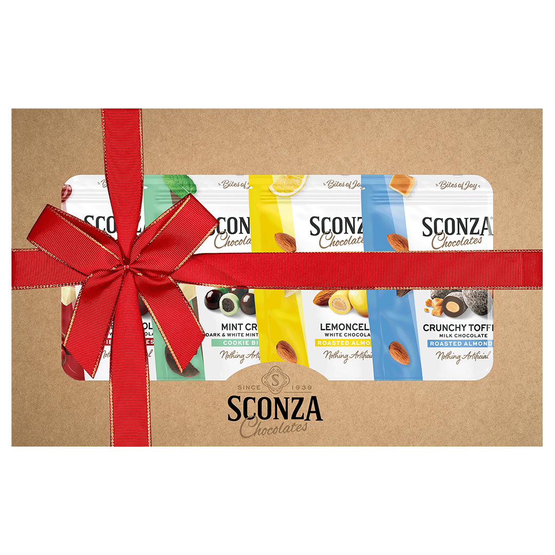 Sconza Chocolates gift box with a red ribbon on a white background