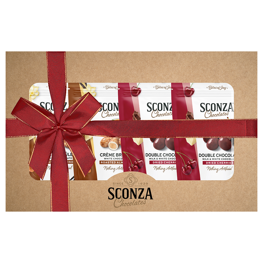 Sconza Chocolates gift set with a red ribbon in a brown box