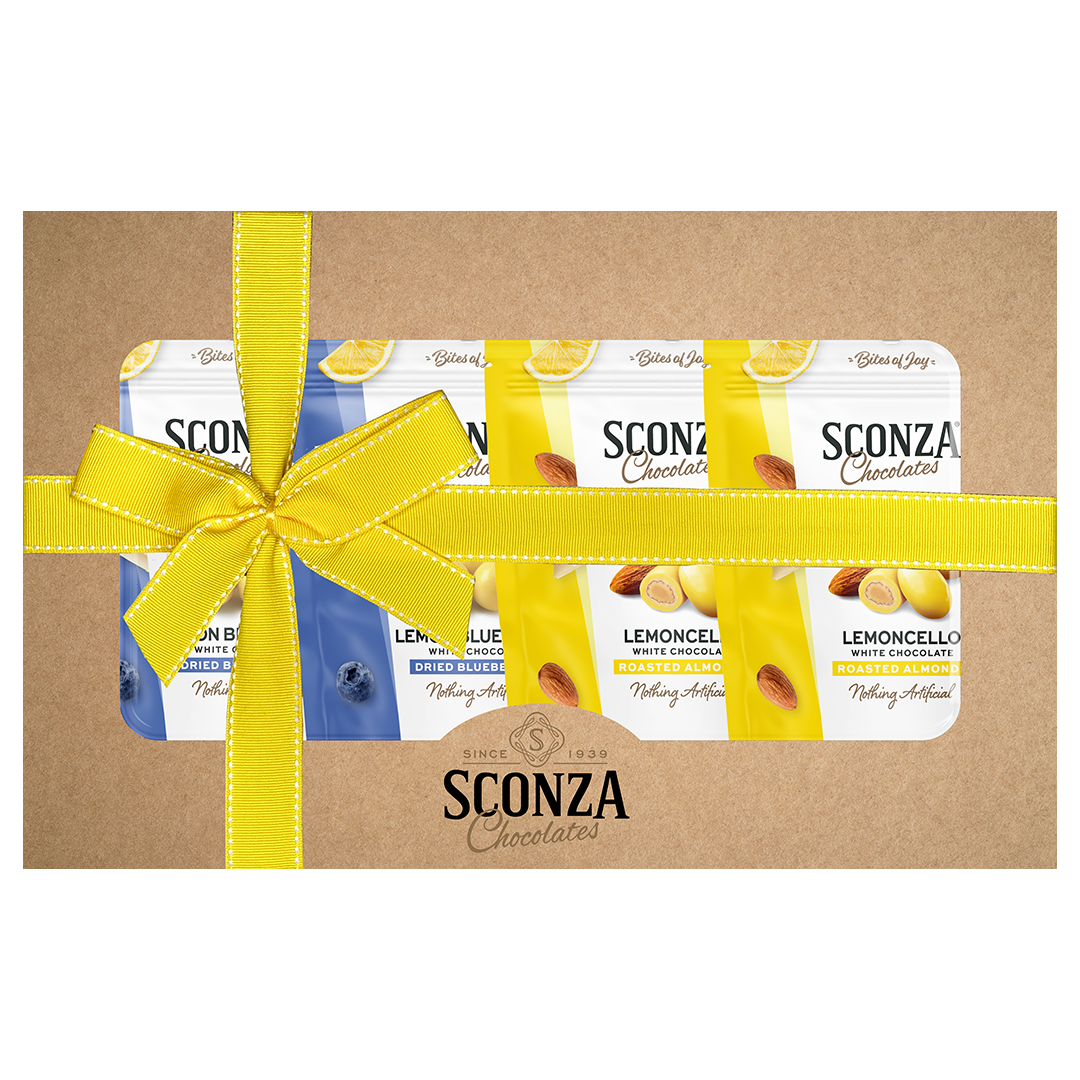 Sconza Chocolates packaging with lemoncello almonds and Lemon Blueberries, tied with a yellow ribbon in a brown gift box.
