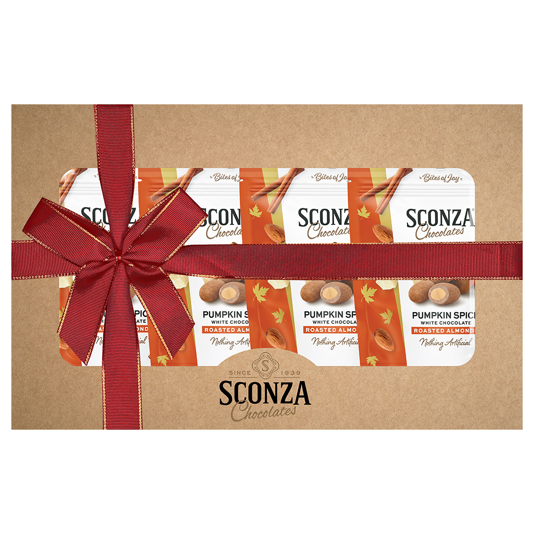 Sconza Chocolates Pumpkin Spice gift box with a red ribbon on a white background