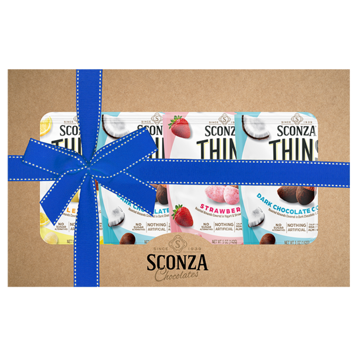 Sconza Chocolates packaging with a blue ribbon on a white background