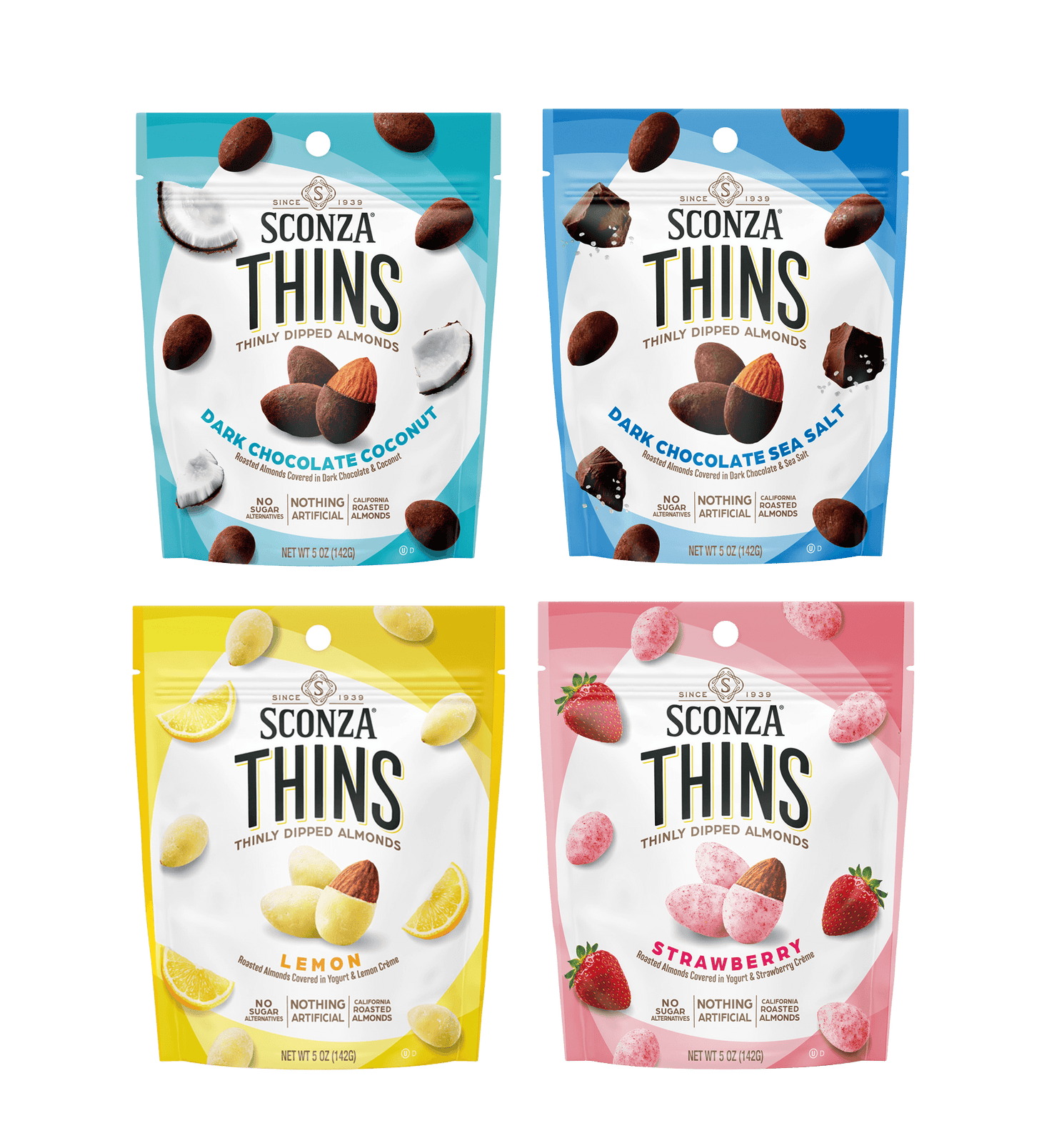 A set of four THINS gift boxes in different flavors: Dark Chocolate Coconut, Lemon, Dark Chocolate Sea Salt, and Strawberry, against a white background.