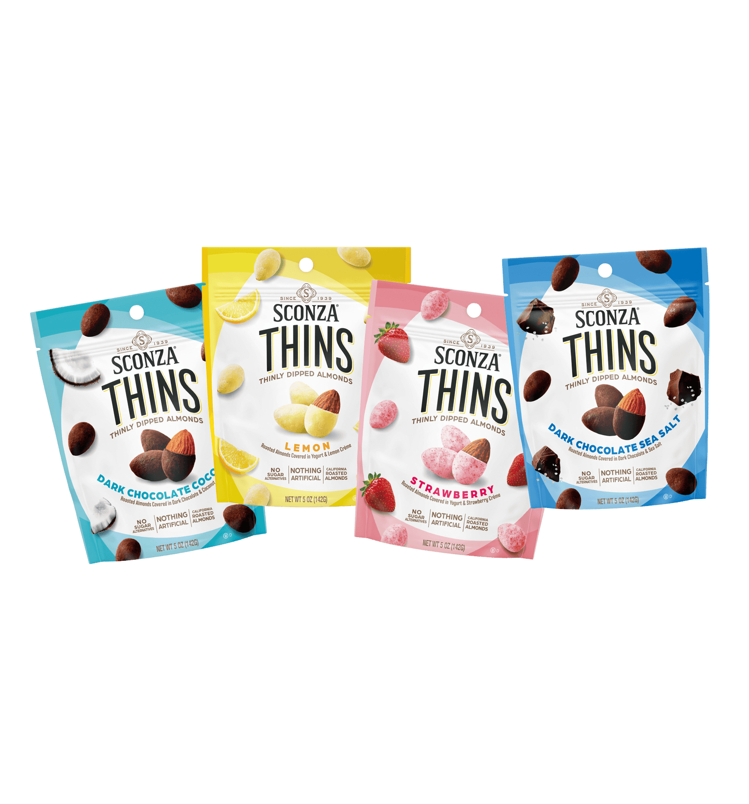 Four different Sconza Chocolates THINS Almonds products. Dark Chocolate Coconut, Lemon, Strawberry, and Dark Chocolate Sea Salt. 