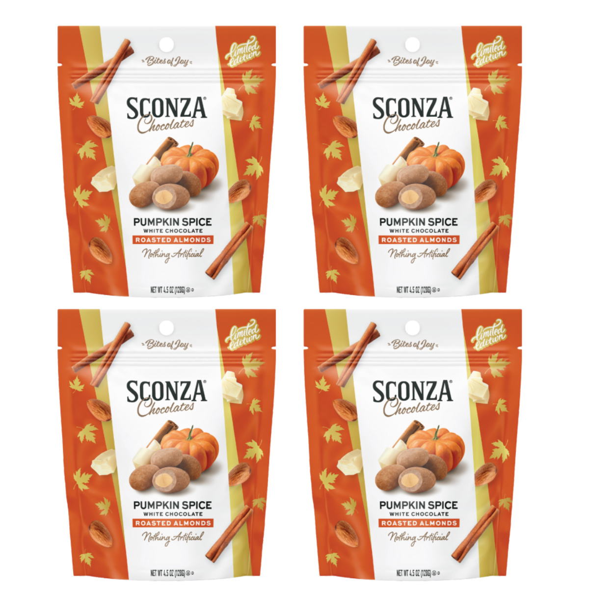 Four packages of Sconza Chocolates Pumpkin Spice White Chocolate Truffles on a white background