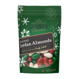 Sconza Chocolates Holiday Jordan Almonds packaging with green background and snowflakes.