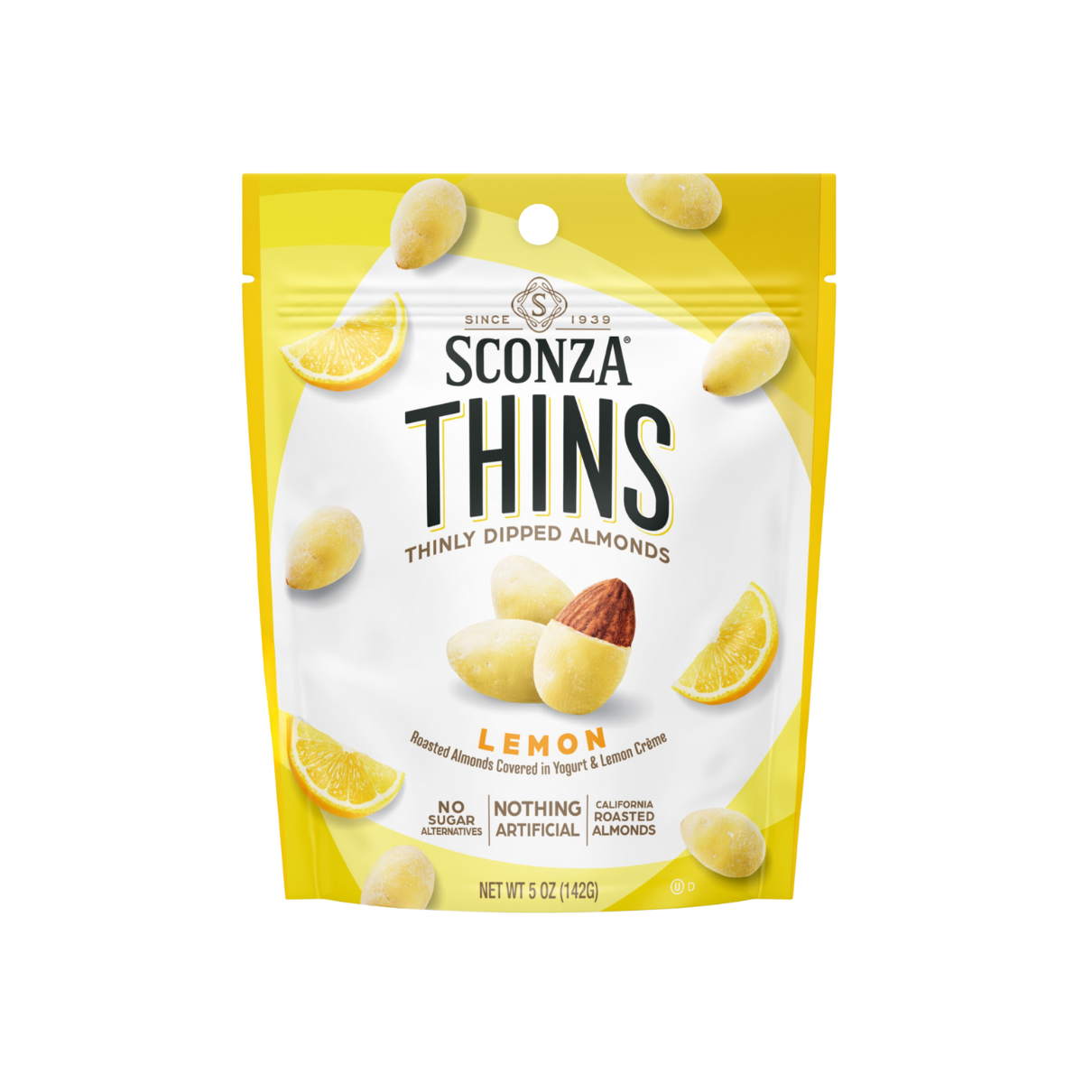 Packaging of Sconza Thins Lemon flavored almonds on a white background