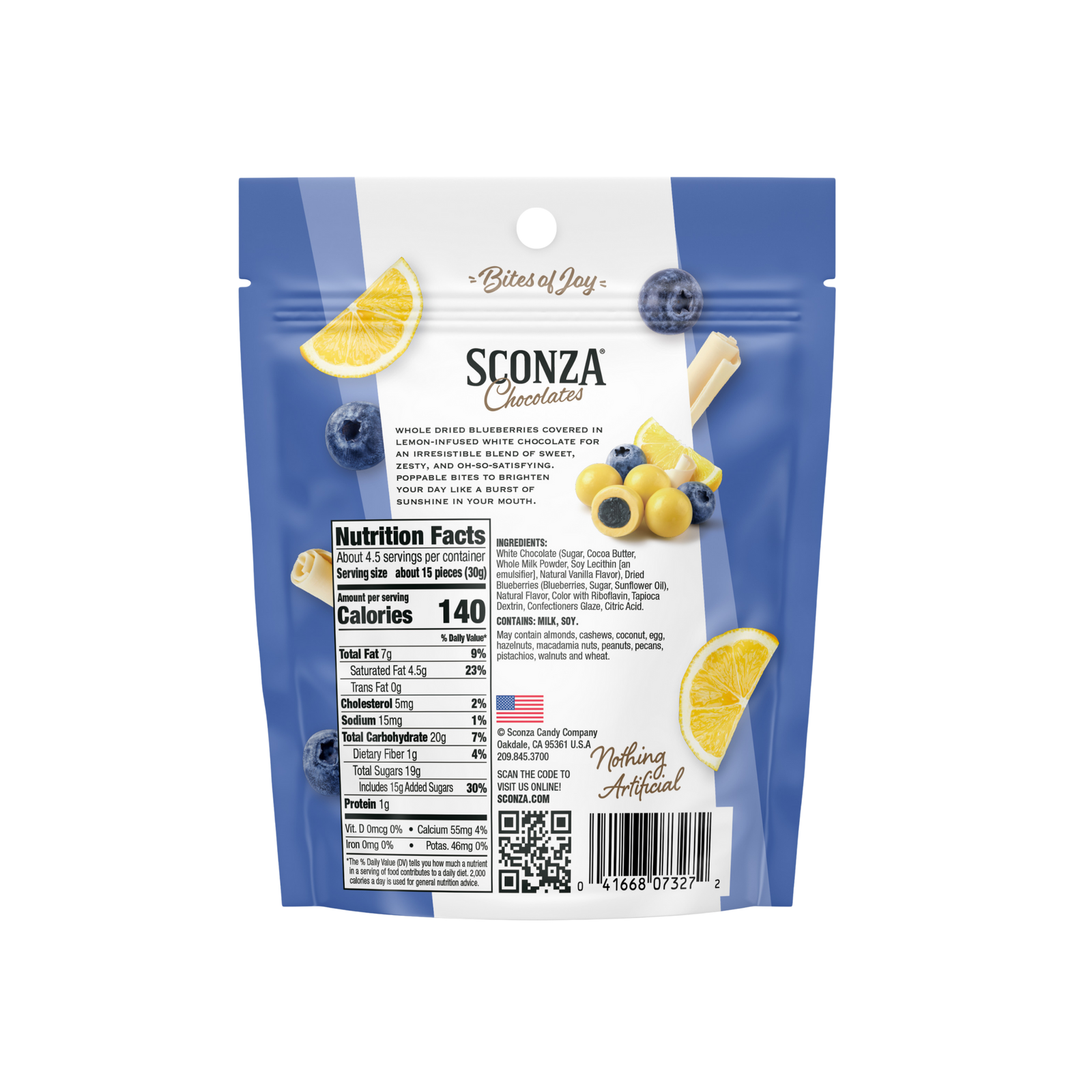 Sconza Chocolates packaging with lemon slices, blueberries, and nutritional information on a white background