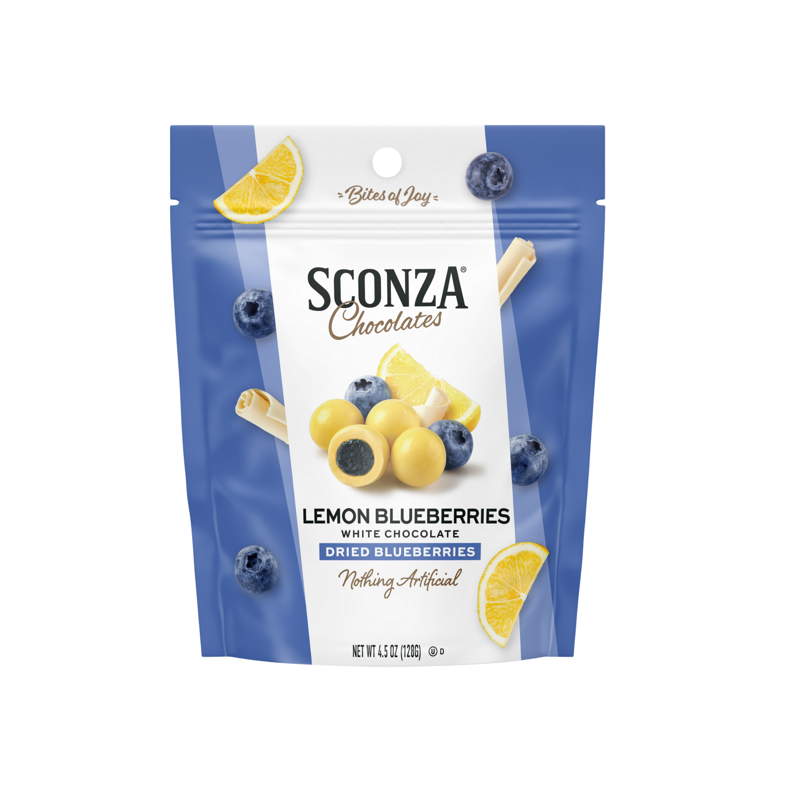 Sconza Chocolates lemon blueberries packaging on a white background