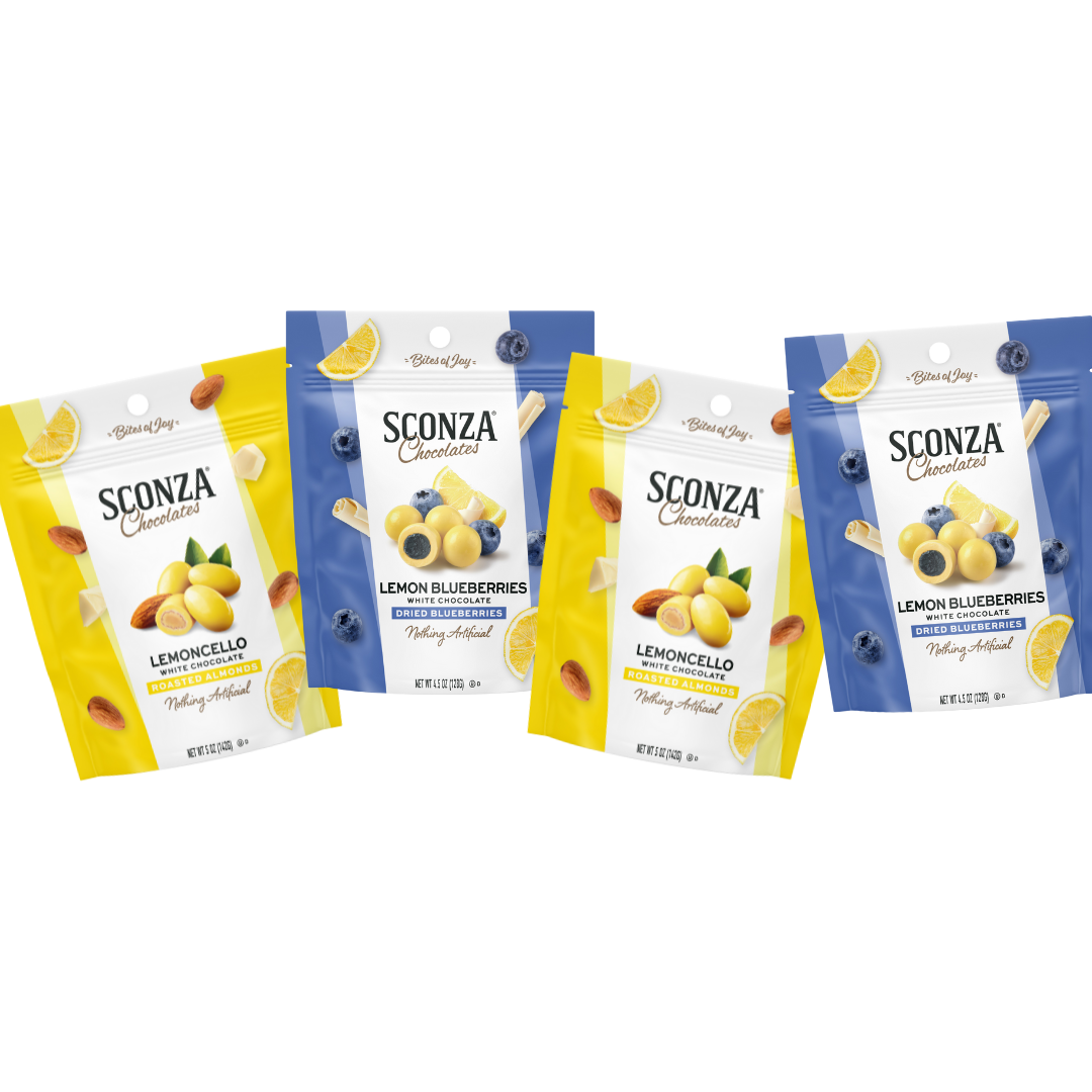 Two packages of Sconza Chocolates Lemon Blueberries and Two packages of Sconza Chocolates Lemoncello Almonds