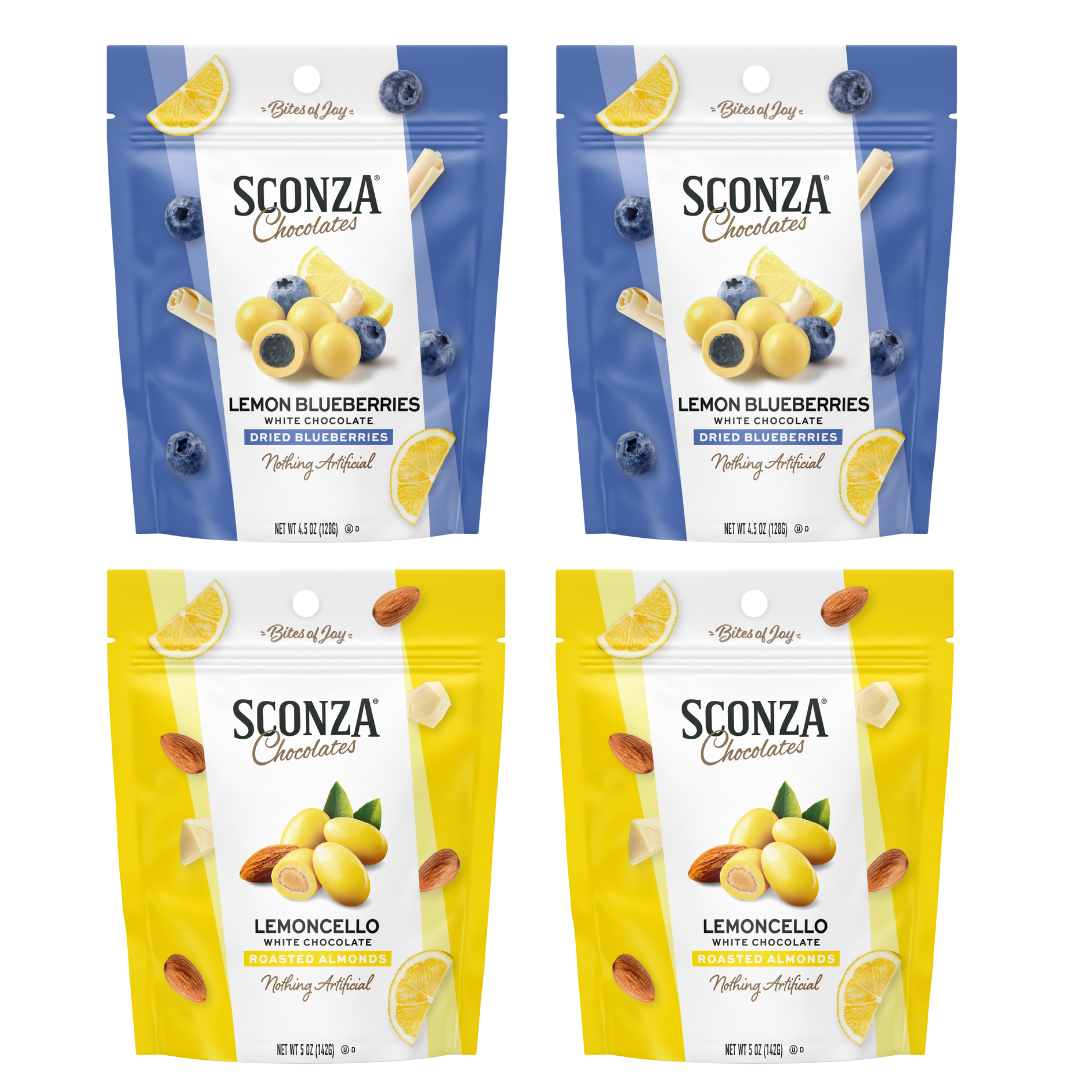 Two packages of Sconza Chocolates Lemon Blueberries and Two packages of Sconza Chocolates Lemoncello Almonds
