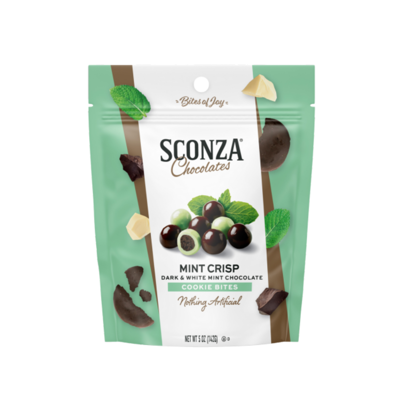 Sconza Chocolates Mint Crisp Cookie Bites packaging on a white background