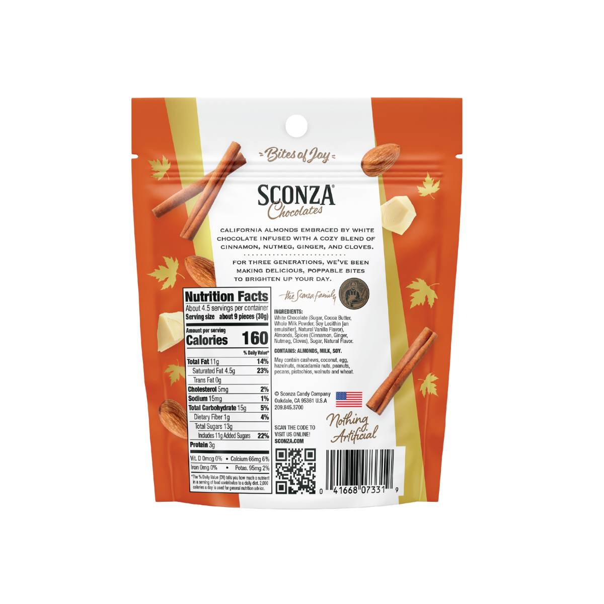 Sconza Chocolates packaging with nutritional information on a white background