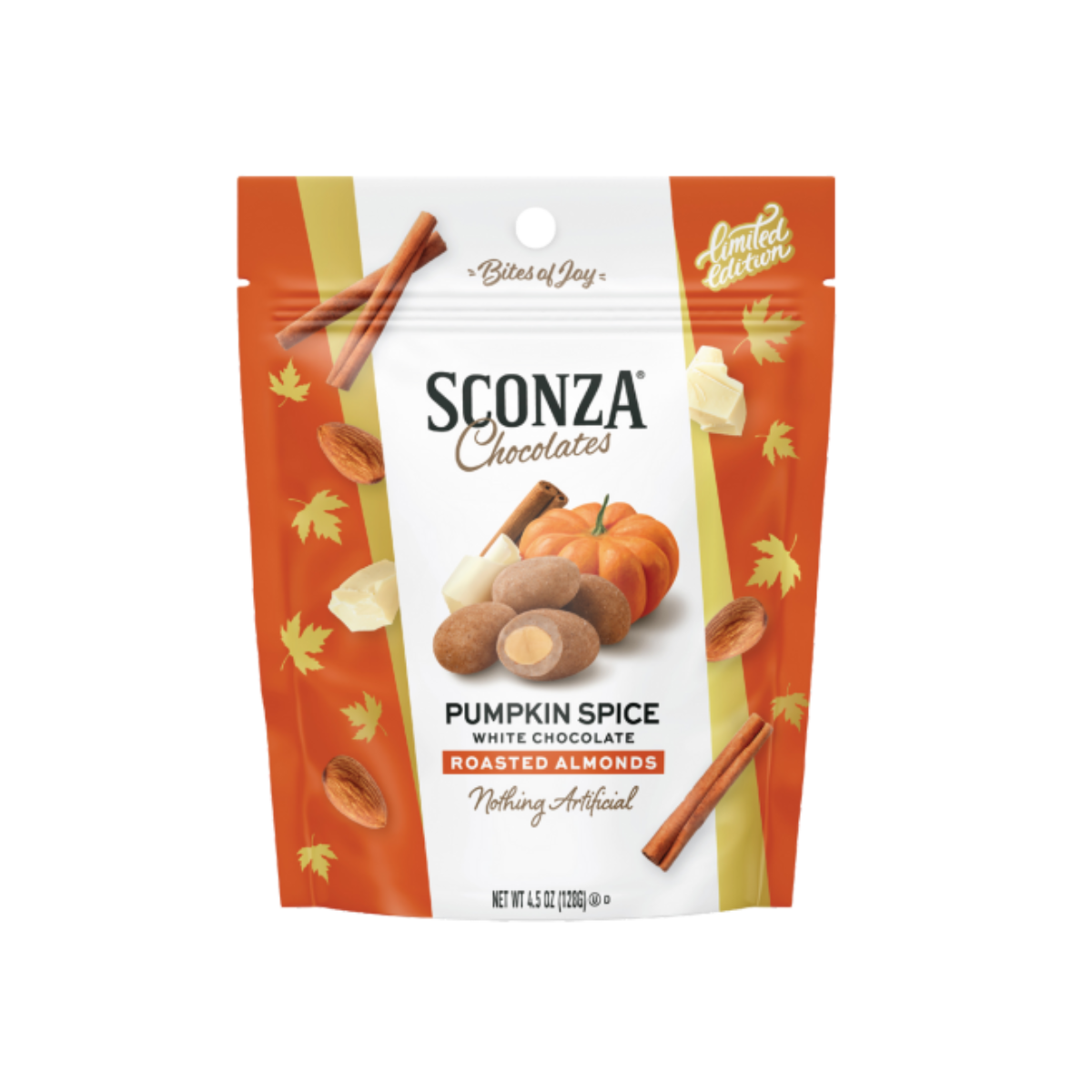 Sconza Chocolates Pumpkin Spice White Chocolate Roasted Almonds packaging on a white background