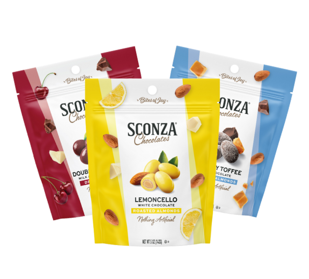 Three Sconza Chocolates packages in different flavors on a white background: Double Chocolate Dried Cherries, Crunchy Toffe Chocolate Covered Almonds, and Lemoncello Almonds