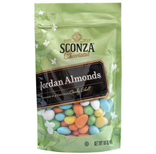 Sconza Chocolates Jordan Almonds packaging with colorful almonds visible through the clear section.