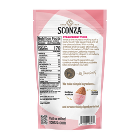 Sconza strawberry thinly dipped almonds package with nutrition facts and ingredients listed.