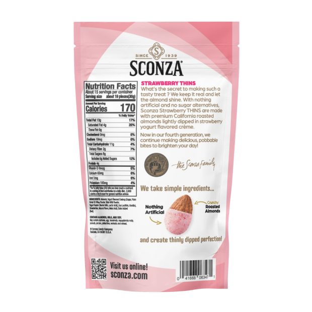 Sconza strawberry thinly dipped almonds package with nutrition facts and ingredients listed.