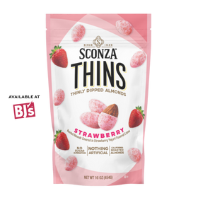 Packaging of Sconza Thins Strawberry flavored almonds with strawberry graphics on a white background.