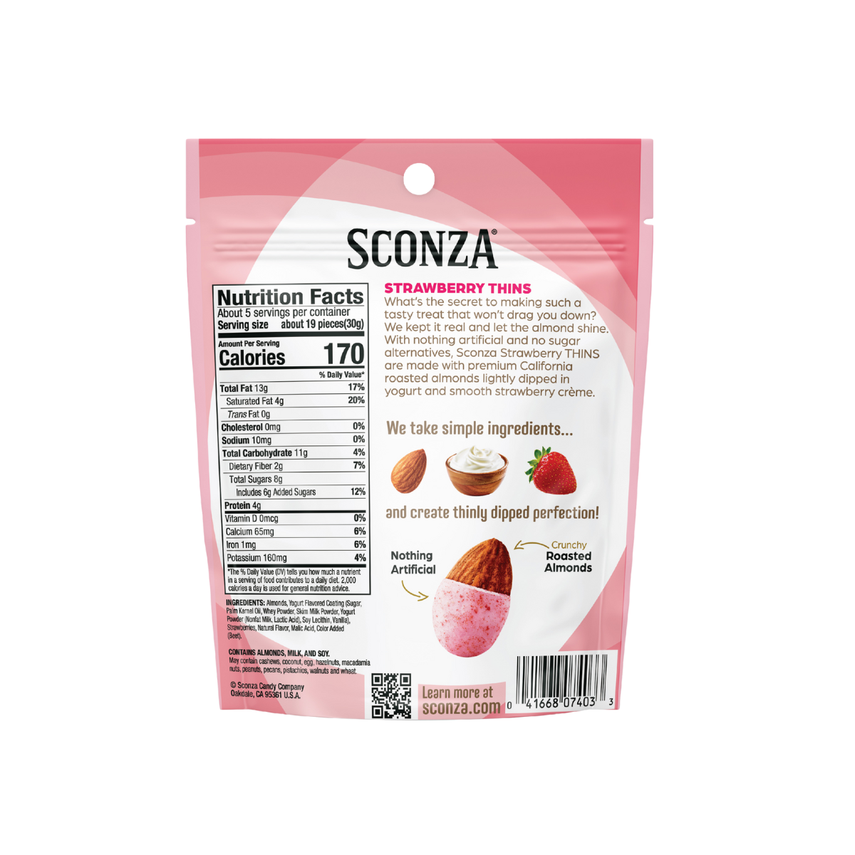 Sconza Strawberry Thins packaging with nutrition facts and ingredients listed.