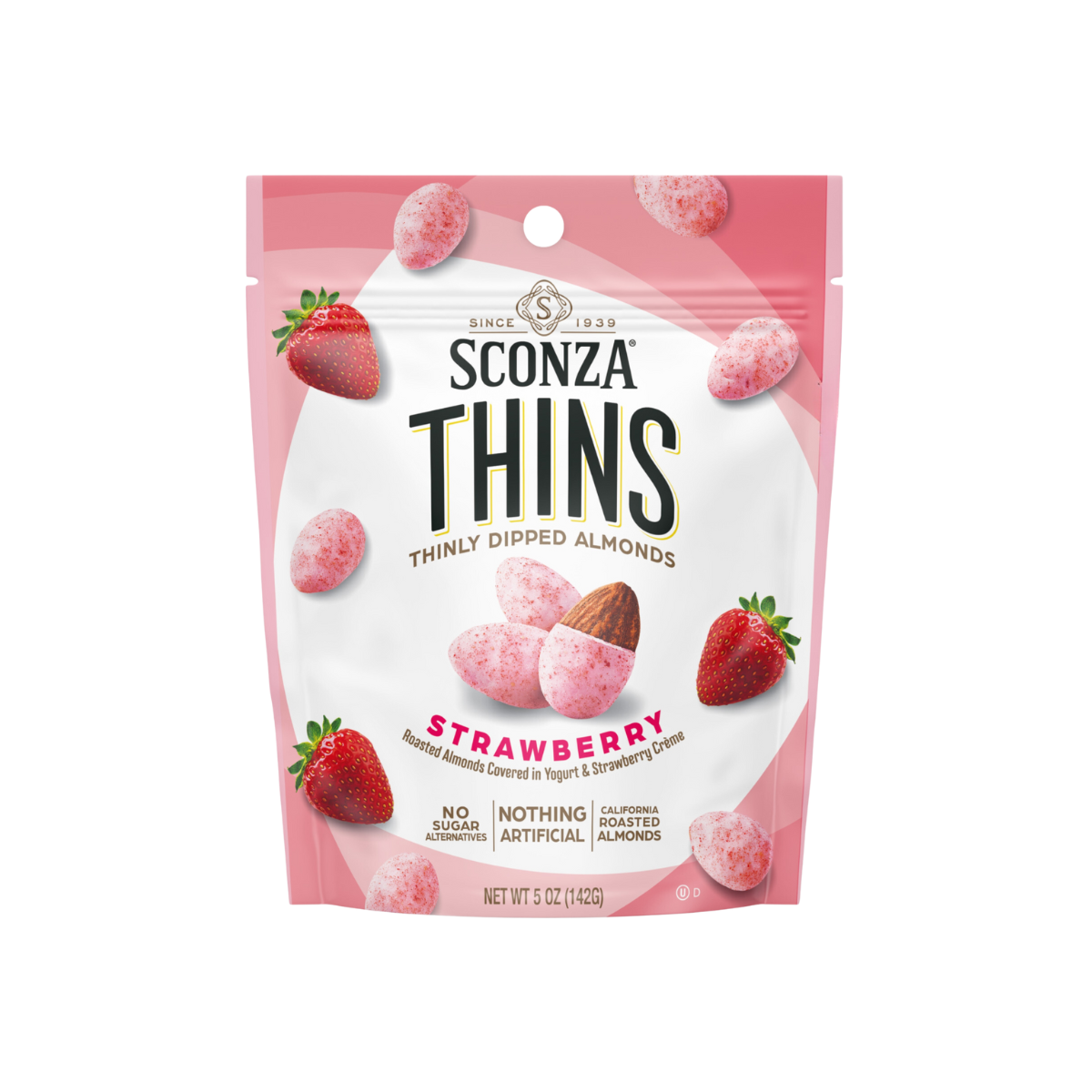 Packaging of Sconza Thins Strawberry flavored almonds on a white background
