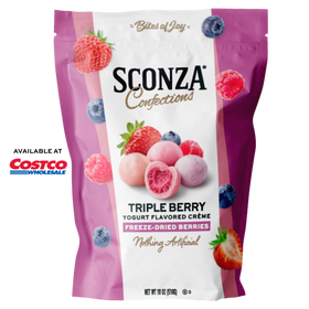 Sconza Confections Triple Berry freeze-dried berries packaging with Costco logo.