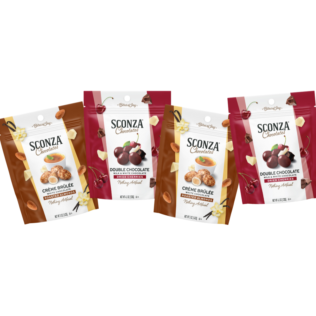 Two packages of Sconza Chocolates Creme Brulee Roasted Almonds and two packages of Sconza Chocolates Double Chocolate Dried Cherries