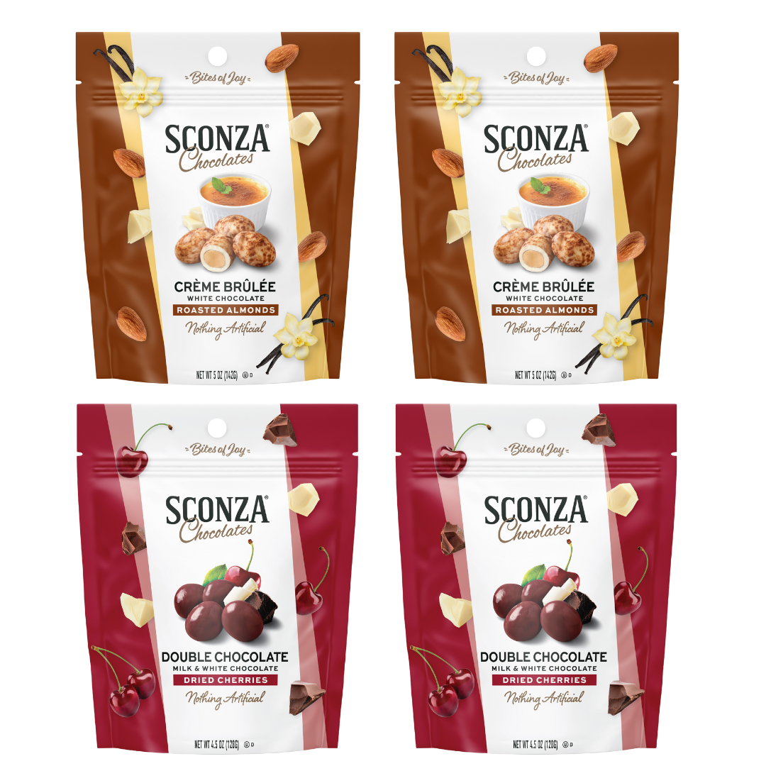 Two packages of Sconza Chocolates Creme Brulee Roasted Almonds and two packages of Sconza Chocolates Double Chocolate Dried Cherries