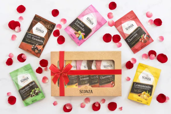 Sconza gourmet gift boxes, including Chocolate Covered Cherry morsels, Chocolate Coconut Cashews, Lemoncello Chocolate Almonds, caramels, and more!